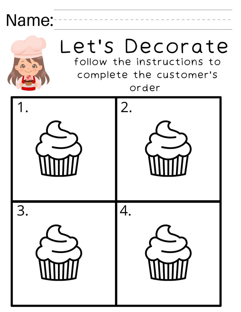 Auditory Processing/ Following Directions/ Cupcake Decorating Worksheet In Following Directions Worksheet Kindergarten