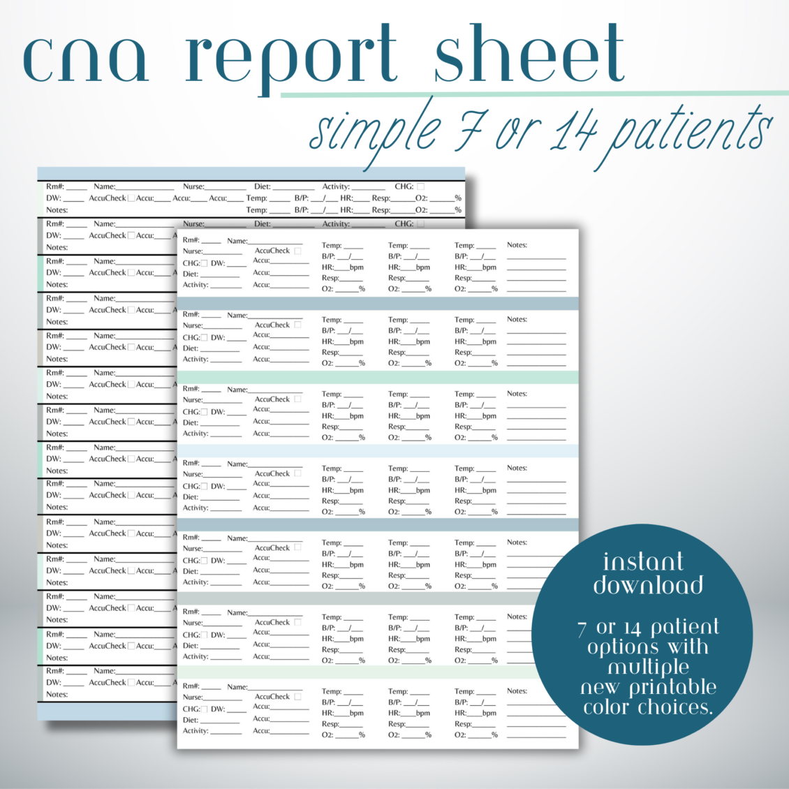 Simple cna 7 or 14 patient report sheet simplified by print