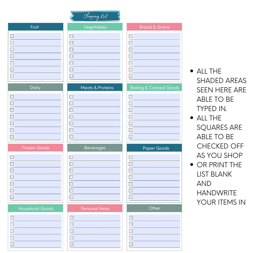 Instant Download Printable and Editable Grocery Shopping List ...